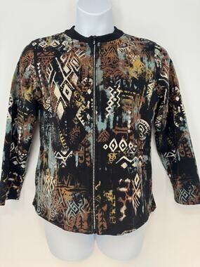 Jess & Jane Artsy Tribal Art Bedazzled Zipper Cardigan Women’s Size Medium